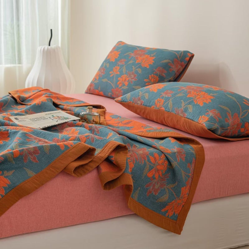 Purefair 100% Cotton Muslin Blanket Jacquard Floral Flowers Bloosom Print Quilt, Soft Bed Cover 3 Layers Reversible Bedspread Coverlet Breathable Lightweight Bedding Twin(59"x94"), No Pillow Sham - Image 5