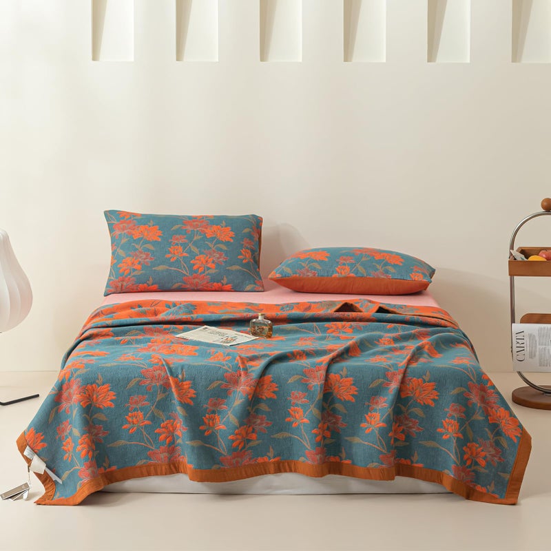Purefair 100% Cotton Muslin Blanket Jacquard Floral Flowers Bloosom Print Quilt, Soft Bed Cover 3 Layers Reversible Bedspread Coverlet Breathable Lightweight Bedding Twin(59"x94"), No Pillow Sham - Image 1
