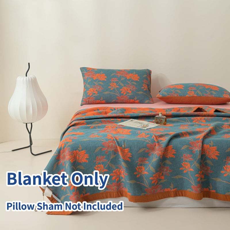 Purefair 100% Cotton Muslin Blanket Jacquard Floral Flowers Bloosom Print Quilt, Soft Bed Cover 3 Layers Reversible Bedspread Coverlet Breathable Lightweight Bedding Twin(59"x94"), No Pillow Sham - Image 2