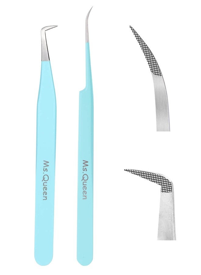 Ms.Queen Eyelash Extension Tweezers Set - Fiber Tip Isolation & 90 Degree Mega Volume Tweezers, Blue - Image 1