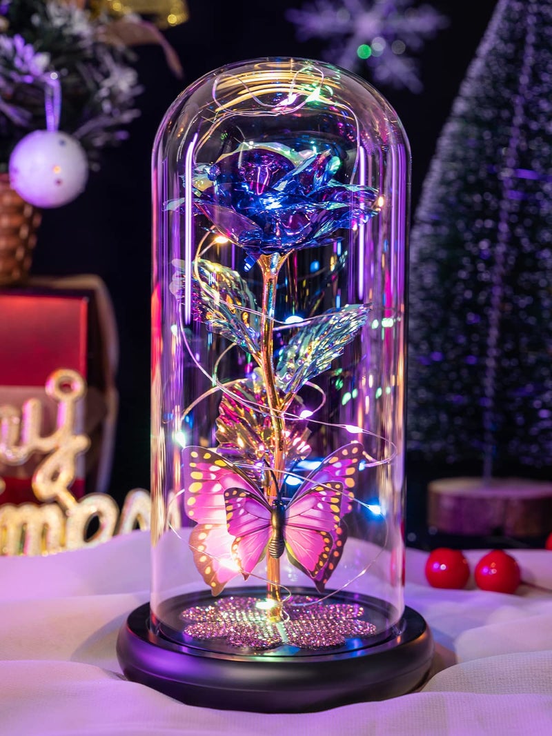 Mothers Day Rose Gifts for Mom Galaxy Glass Rose Forever Eternal Crystal Flower Light Up Rose in Glass Dome with Butterfly Birthday Mothers Day Flower Gifts for Women Mom Wife Sister Daughter Purple
