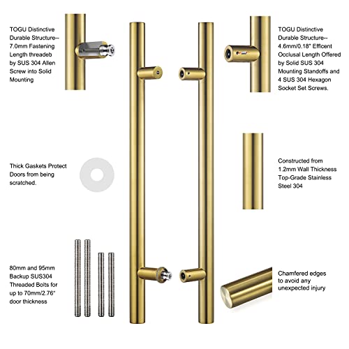 TOGU TG-6012 24 inches Solid Standoffs Heavy-Duty Commercial Grade-304 Stainless Steel Push Pull Door Handle/Barn Door Pull Handle/Glass Pulls, Satin Gold Finish - Image 3