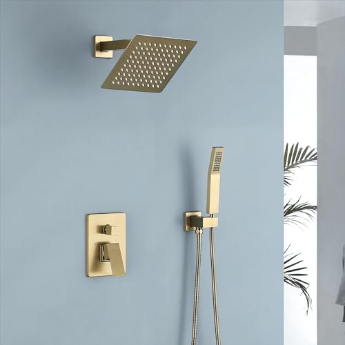 JOYWELL Shower Faucet Brushed Gold Shower System 8 Inches Rain Shower and Handheld Shower Combo,2-Function Shower Fixtures Included Shower Trim Kit - Image 2