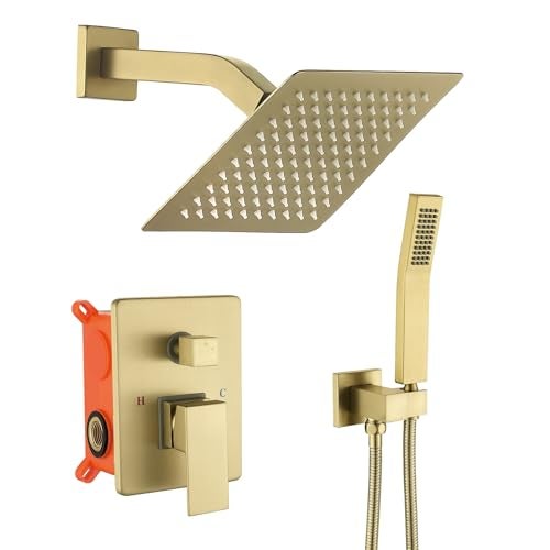 JOYWELL Shower Faucet Brushed Gold Shower System 8 Inches Rain Shower and Handheld Shower Combo,2-Function Shower Fixtures Included Shower Trim Kit - Image 1