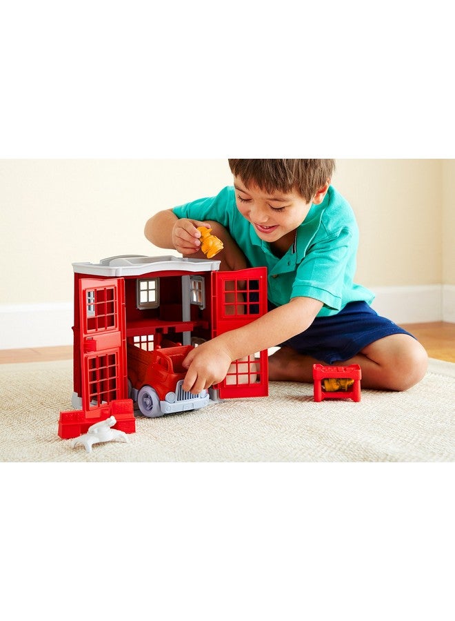 Green Toys Fire Station Playset - 8 Piece Pretend Play, Motor Skills, Language & Communication Kids Role Play Toy. No BPA, phthalates, PVC. Dishwasher Safe, Recycled Plastic, Made in USA. - Image 2