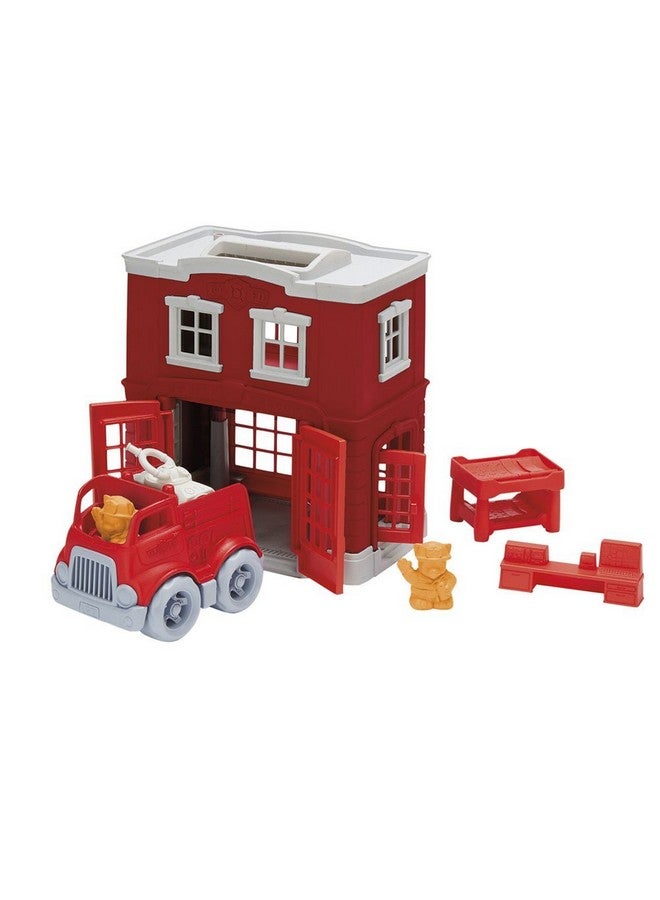 Green Toys Fire Station Playset - 8 Piece Pretend Play, Motor Skills, Language & Communication Kids Role Play Toy. No BPA, phthalates, PVC. Dishwasher Safe, Recycled Plastic, Made in USA. - Image 1
