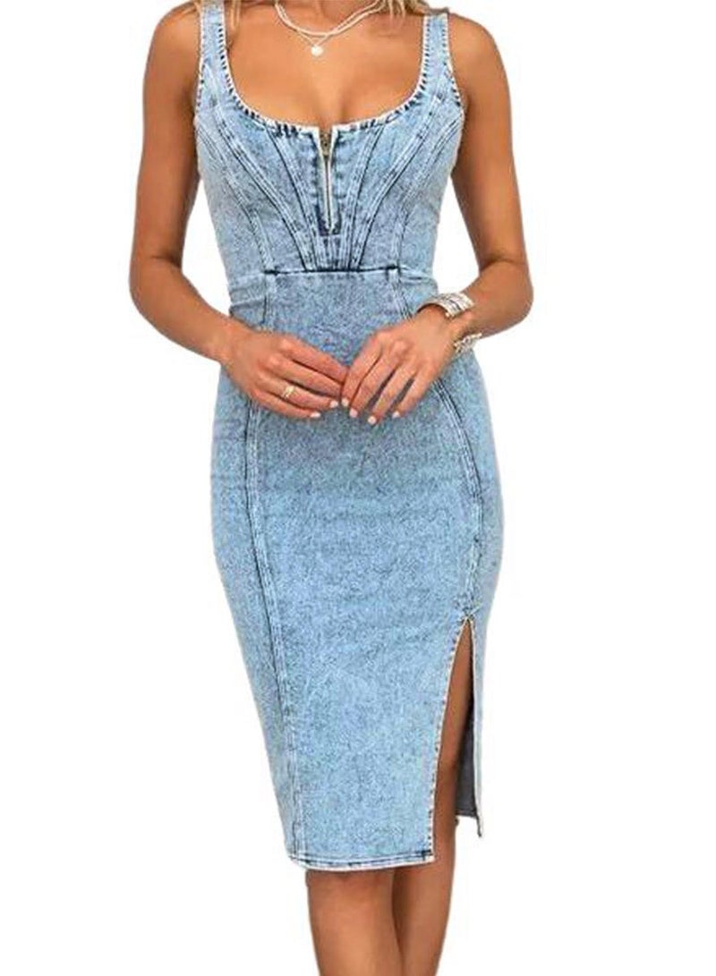utcoco Denim Dress for Women Sleeveless Side Slit Bodycon Midi Jean Dresses for Women 2024 (Large, Light Blue) - Image 1