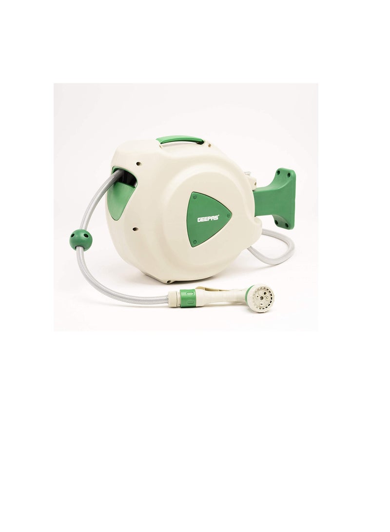 GEEPAS 10m 1/2" Auto Retracting Water Hose Reel With Level Track Swivel Mounting Bracket Full Set Of Hand Sprays And Hose Fittings GWH59057 - Image 1
