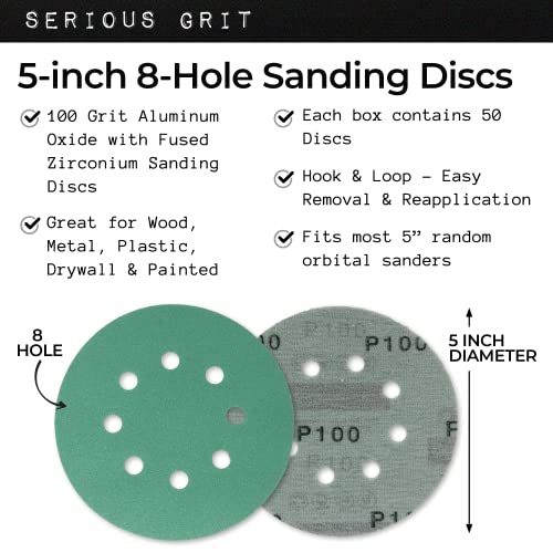 Serious Grit Sanding Discs 5 Inch 8 Hole 100 Grit - Heavy-Duty Hook & Loop Wet Dry Film Sandpaper Discs - Fine Grit Sand Paper for Random Orbital Sanders - Wood, Automotive, Metal, etc - 50 Pack Box - Image 2