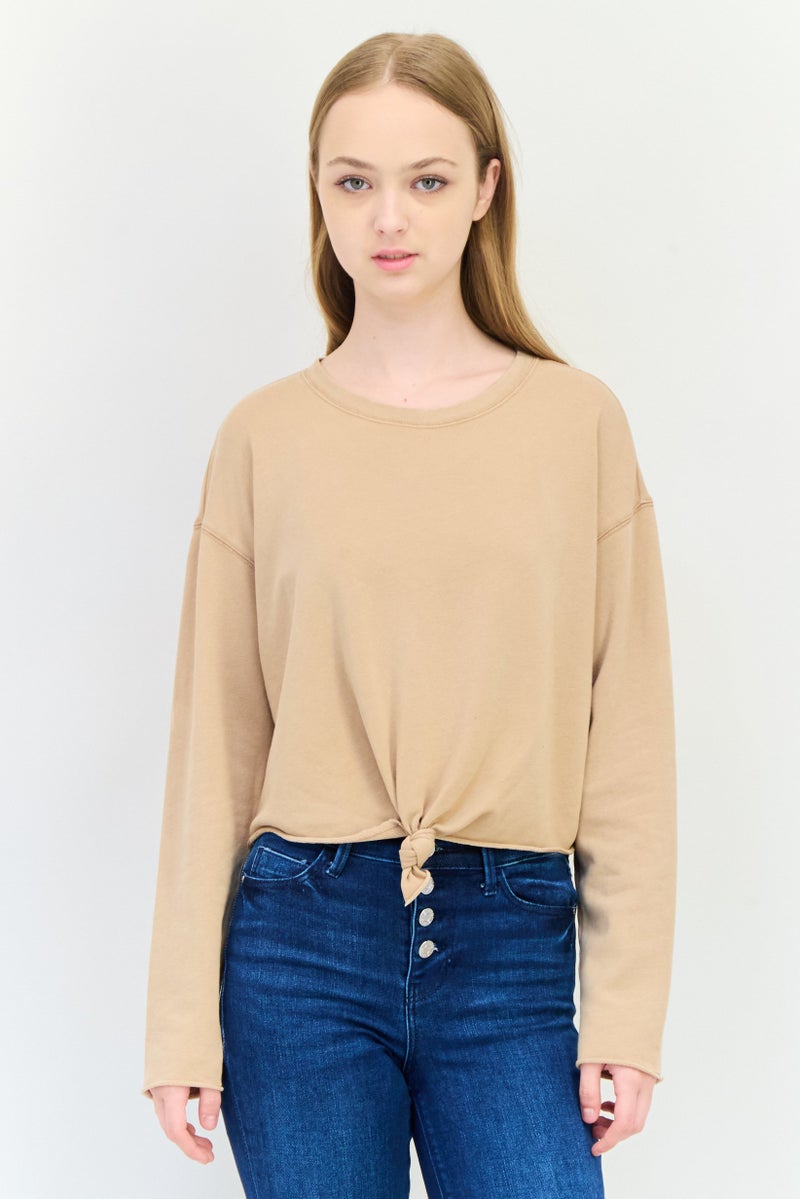 Aerie Women Round Neck  Plain Long Sleeves Cropped Top, Dark Beige - Image 1