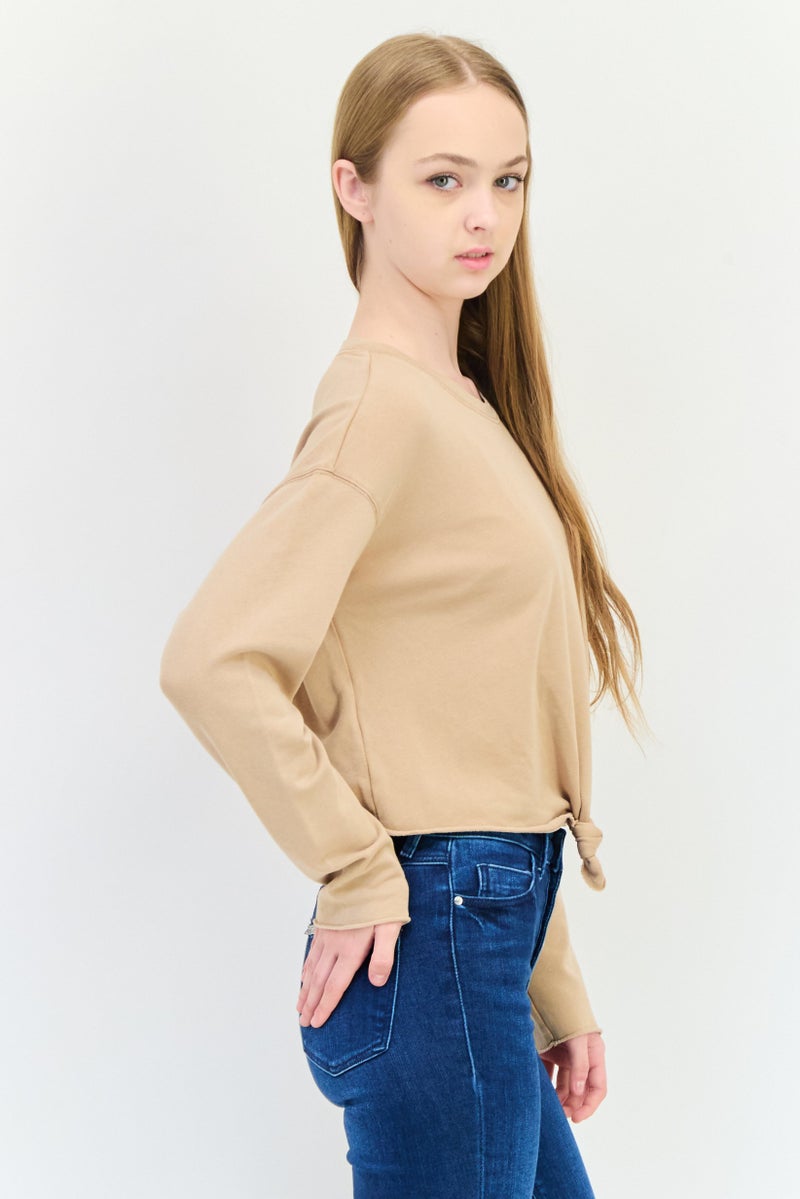 Aerie Women Round Neck  Plain Long Sleeves Cropped Top, Dark Beige - Image 3
