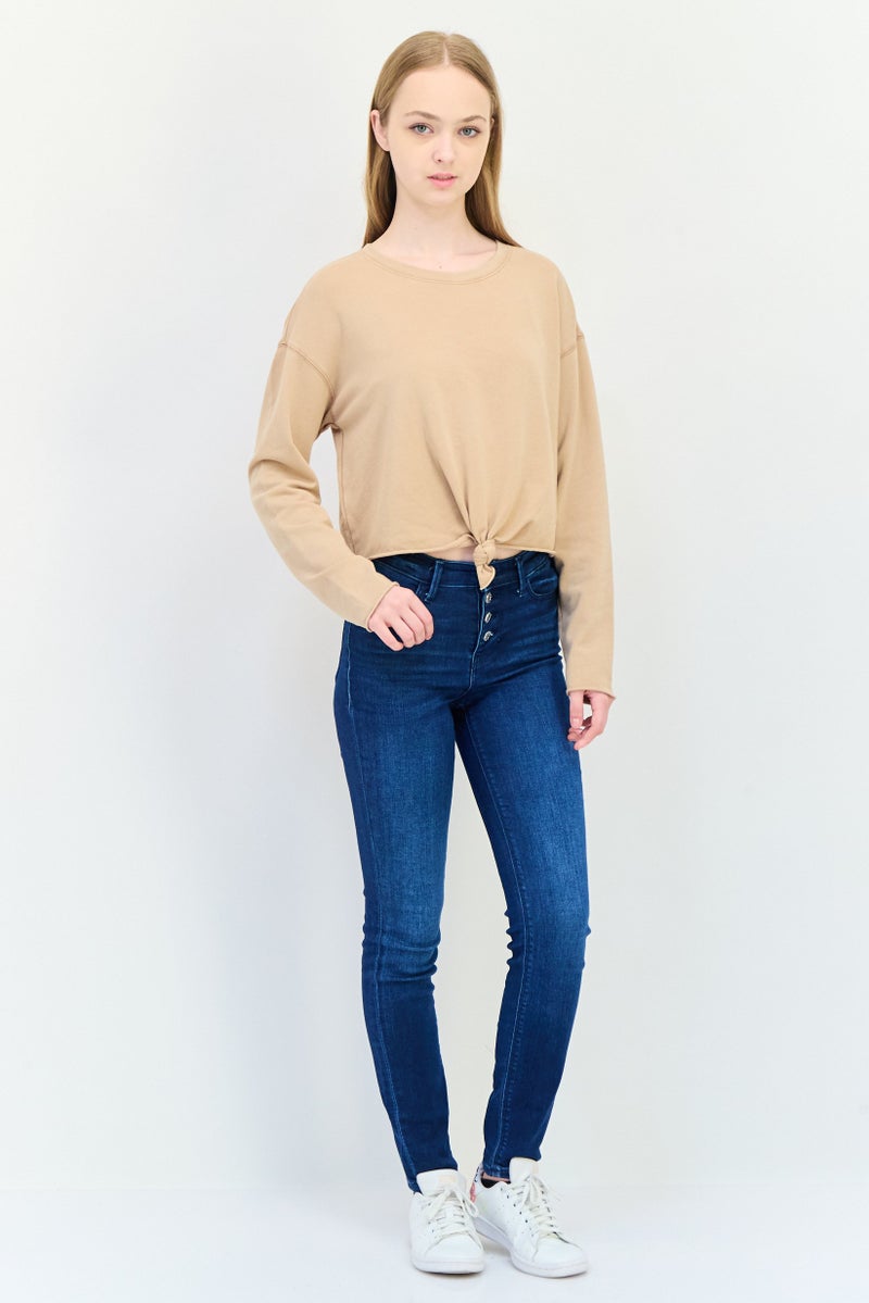 Aerie Women Round Neck  Plain Long Sleeves Cropped Top, Dark Beige - Image 2