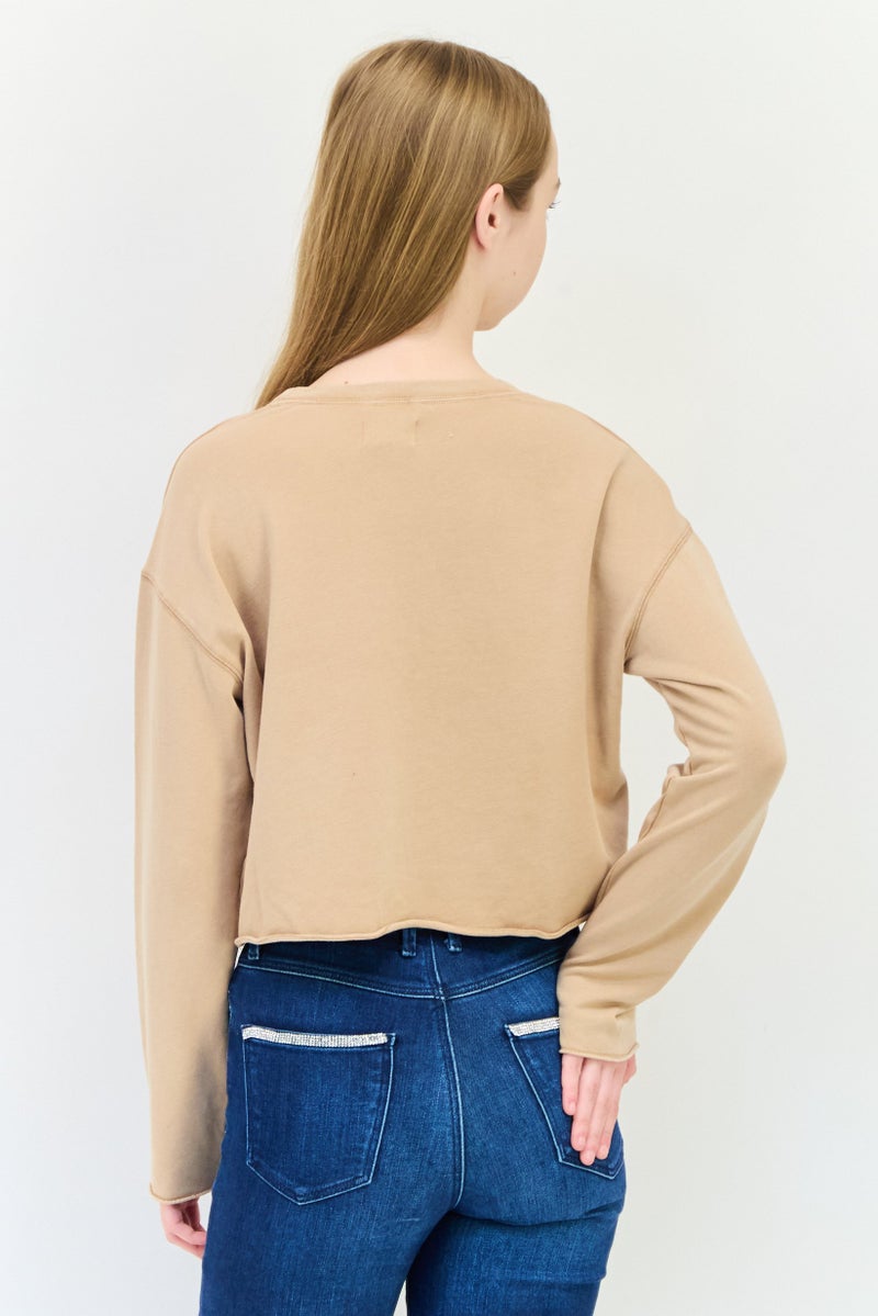 Aerie Women Round Neck  Plain Long Sleeves Cropped Top, Dark Beige - Image 4