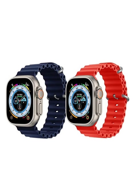 Silicone Ocean Band Strap for Apple Watch Ultra 8 49mm Navy Blue Single Color Strap with Red Single Color Strap Set of 2