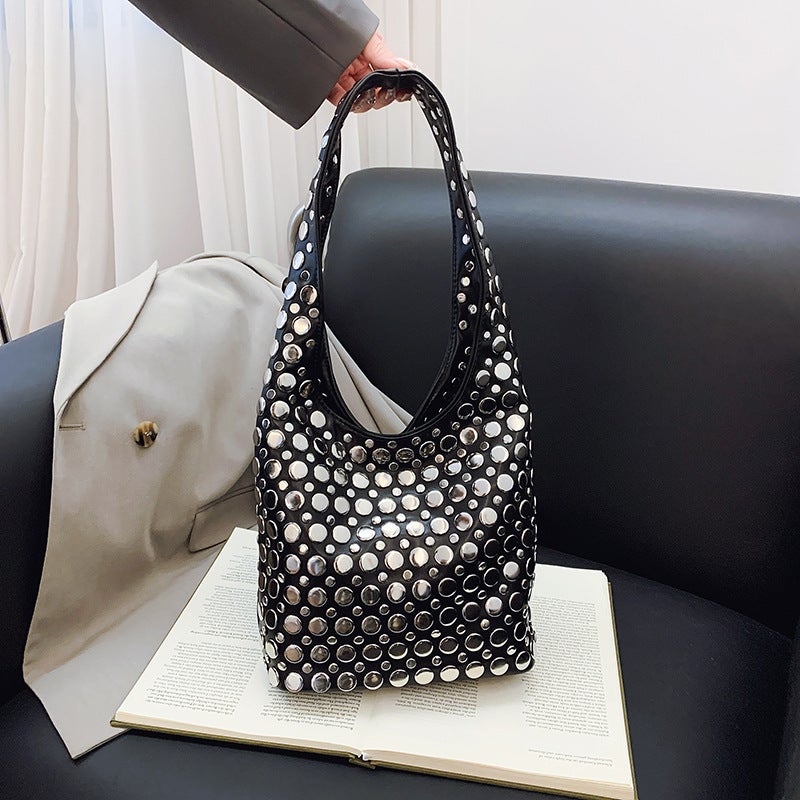 Fashion Handbags For Women Casual Bucket Bags, Personalized Trendy Cool Polka Dot Rivet Armpit Bags - Image 2