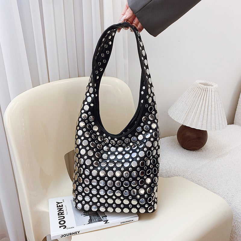 Fashion Handbags For Women Casual Bucket Bags, Personalized Trendy Cool Polka Dot Rivet Armpit Bags - Image 3