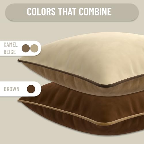 Blau Marité Decorative Velvet Throw Pillow Covers with Trim. Soft Velvet Decorative Pillow Cases. Velvet Cushion Covers. Contrast Pipping.(Beige and Camel, 12"x20") - Image 4