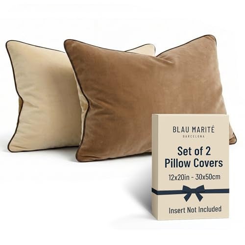 Blau Marité Decorative Velvet Throw Pillow Covers with Trim. Soft Velvet Decorative Pillow Cases. Velvet Cushion Covers. Contrast Pipping.(Beige and Camel, 12"x20") - Image 1