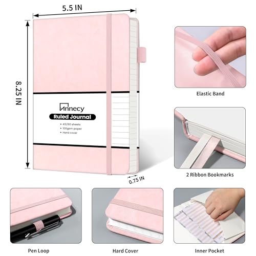 Annecy Lined Journal Notebook, Hardcover Leather Journal for Women & Men, 160 Numbered Pages, Medium 5.5" x 8.25", 100 GSM Thick Paper, Pink - Image 3