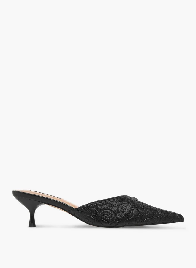 ELLE Women's Monogram Embossed Slip-On Mules with Kitten Heels