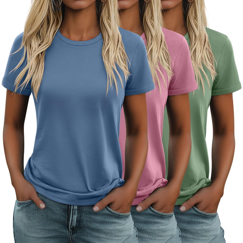 Huukeay 3 Pack Women's Cotton T Shirts Casual Short Sleeve Tunic Tops Crewneck Summer Plain Basic Loose Fit Tee(Blue, Pink, Green,Large) - Image 1