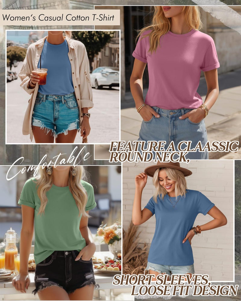 Huukeay 3 Pack Women's Cotton T Shirts Casual Short Sleeve Tunic Tops Crewneck Summer Plain Basic Loose Fit Tee(Blue, Pink, Green,Large) - Image 3