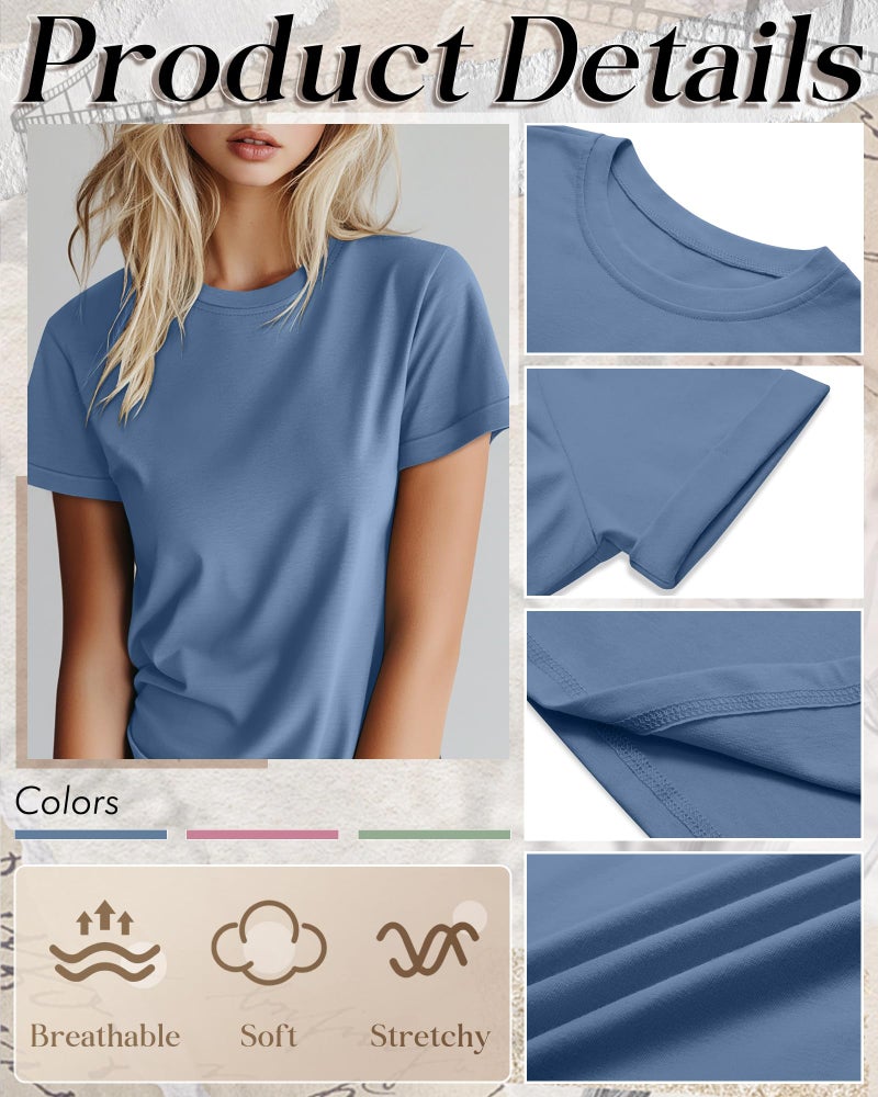 Huukeay 3 Pack Women's Cotton T Shirts Casual Short Sleeve Tunic Tops Crewneck Summer Plain Basic Loose Fit Tee(Blue, Pink, Green,Large) - Image 5