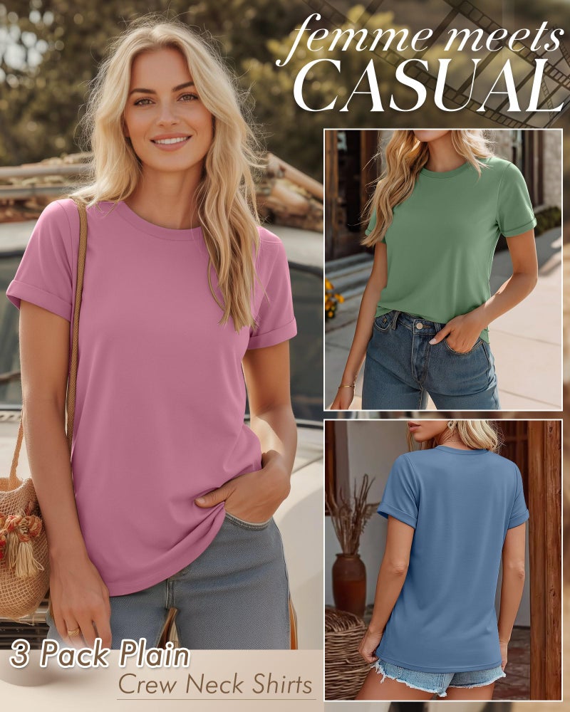Huukeay 3 Pack Women's Cotton T Shirts Casual Short Sleeve Tunic Tops Crewneck Summer Plain Basic Loose Fit Tee(Blue, Pink, Green,Large) - Image 4
