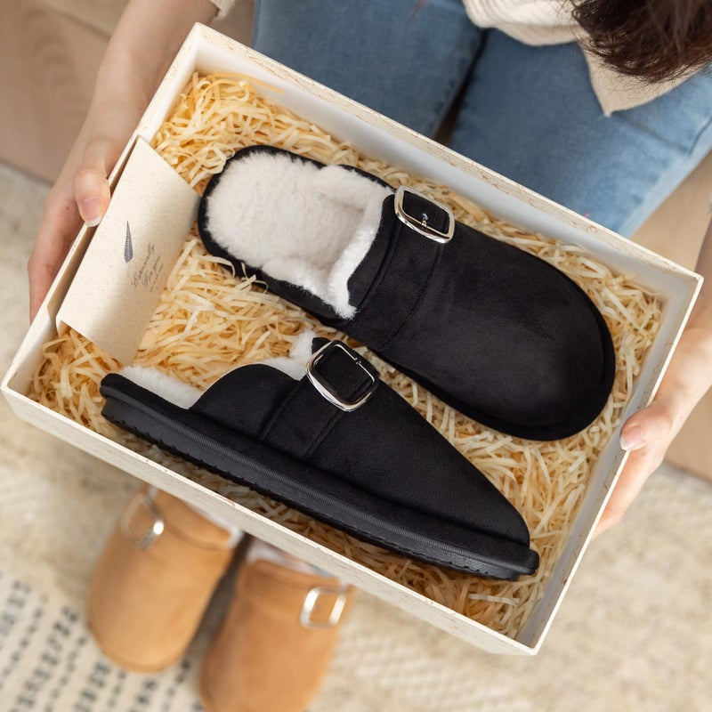 GOEWY House Slippers for Women Fuzzy Shoes with Memory Foam Slip On Slippers Comfy Trendy Gifts for Womens Mom Indoor and Outdoor Anti-Skid Size 9 10 Black - Image 3