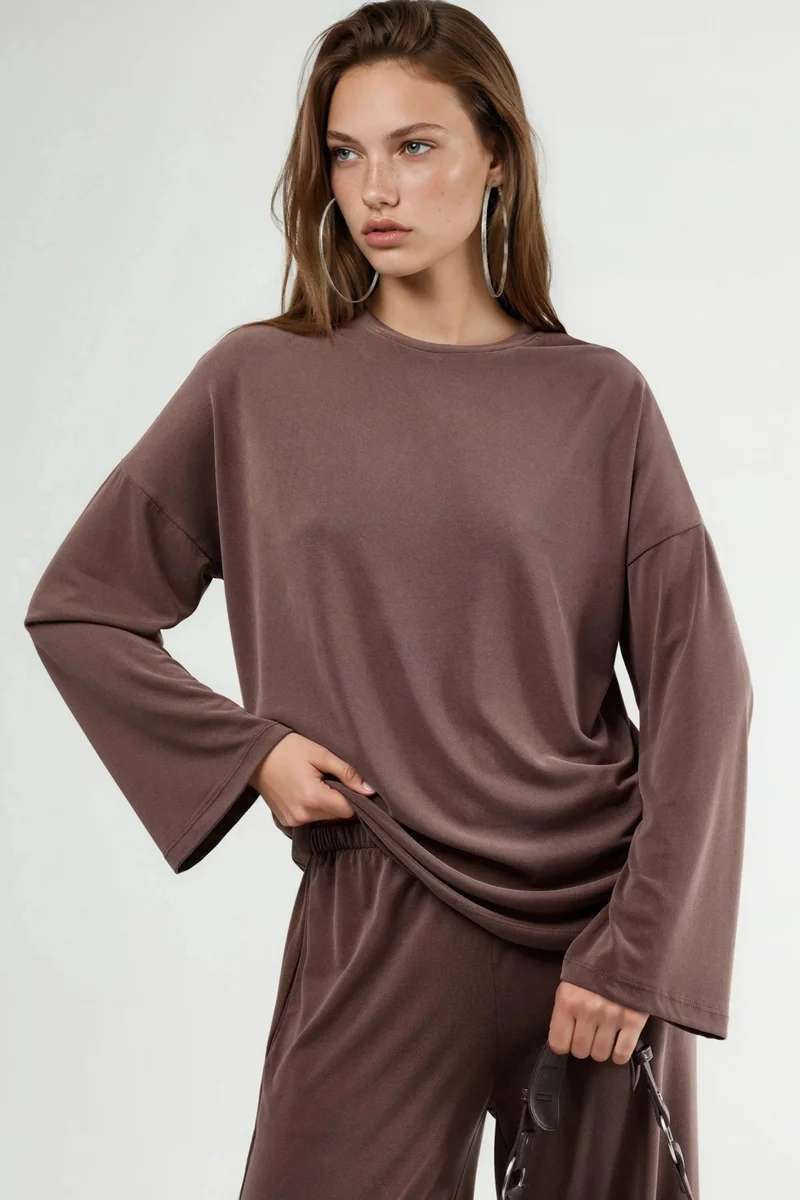 BUSEM Relaxed Fit Crew Neck Long Sleeve Blouse