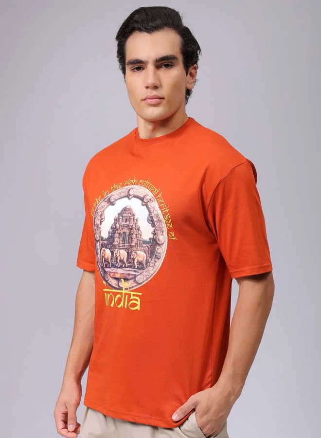 شركة المرآب الهندية Men Boxy Oversized Placement Print Round Neck Tshirt