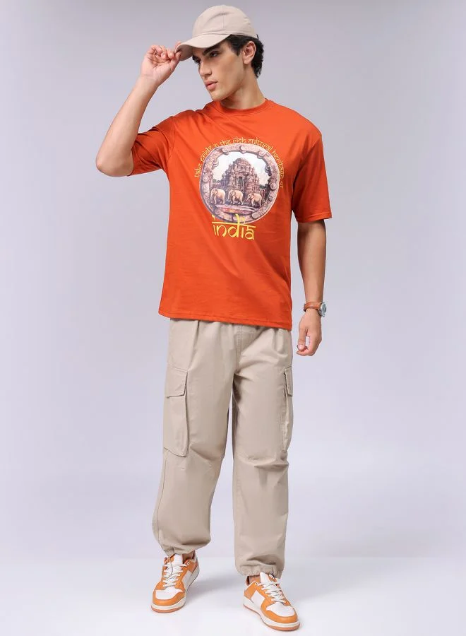 شركة المرآب الهندية Men Boxy Oversized Placement Print Round Neck Tshirt