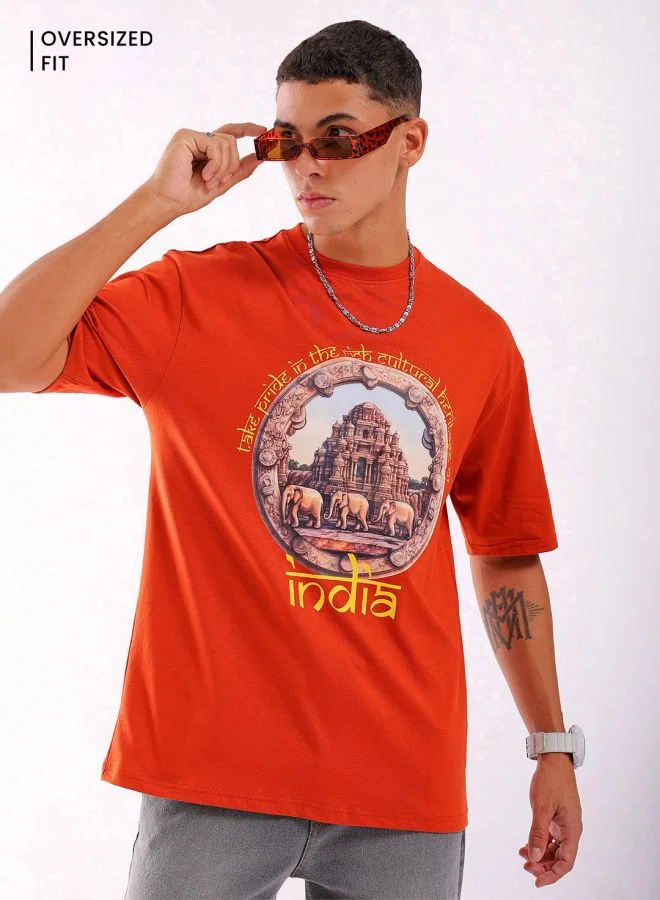 شركة المرآب الهندية Men Boxy Oversized Placement Print Round Neck Tshirt