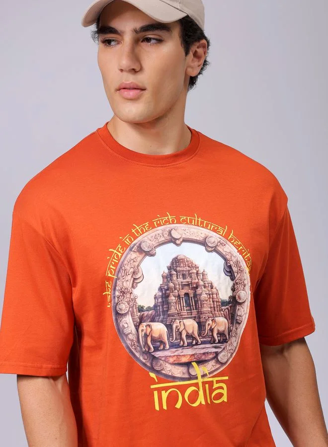 شركة المرآب الهندية Men Boxy Oversized Placement Print Round Neck Tshirt