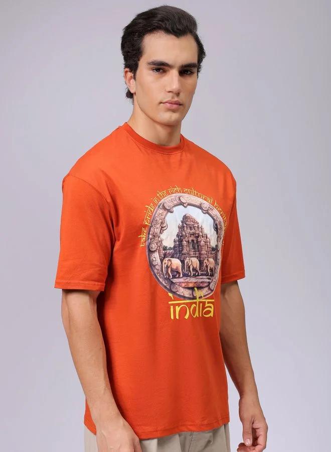 شركة المرآب الهندية Men Boxy Oversized Placement Print Round Neck Tshirt