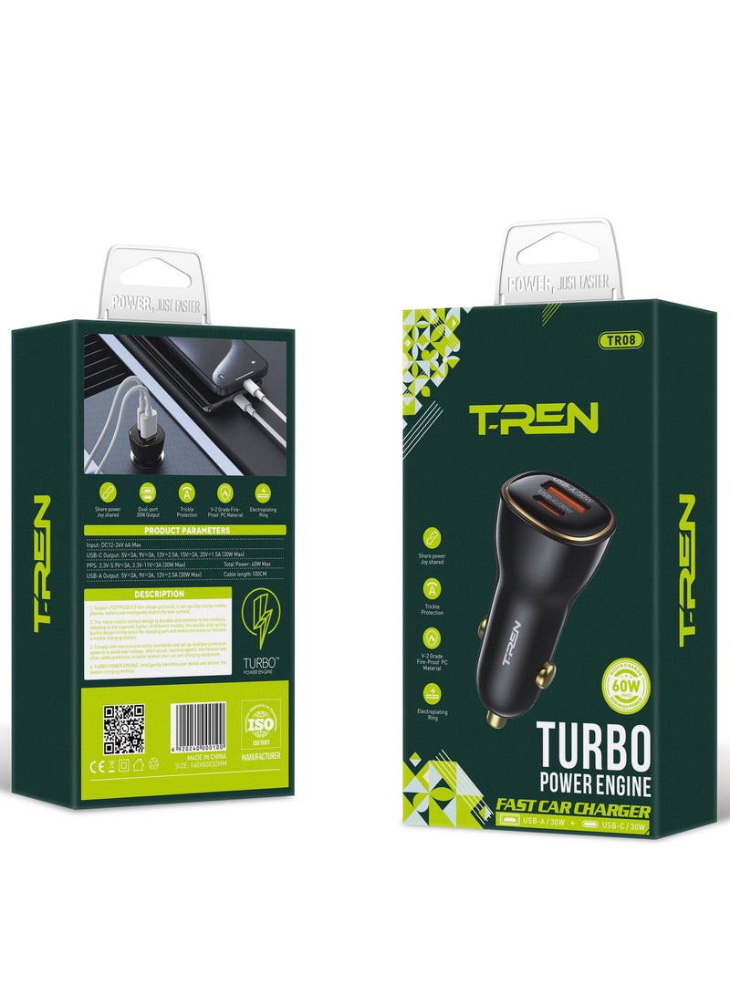 60W Fast Car Charger with Dual USB and USB-C Ports – The perfect partner for super-fast charging for all your devices, including iPhone 16 Pro Max, Samsung S24, and Huawei Mate 60. Designed to deliver excellent performance and reliability on the go, ensuring a convenient, fast, and safe charging experience on every trip - Image 1