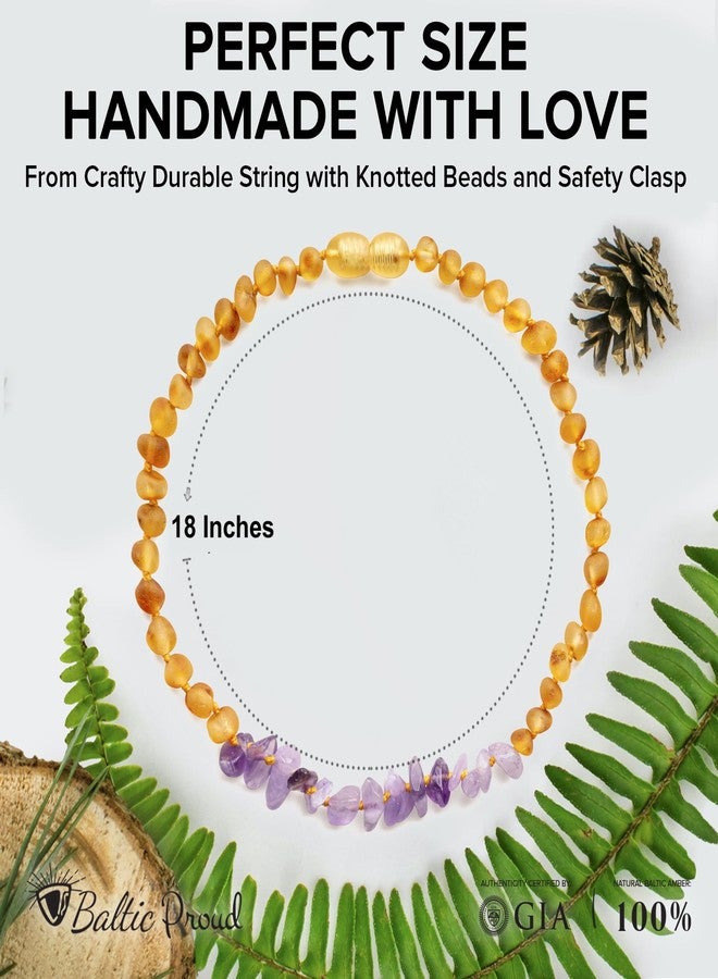Baltic Proud Amber Necklace for Women and Men (Authentic, Certified) - 18 inches, Honey Raw Amethyst (Unpolished) - Unisex Amber Jewelry for Adults - Bead Necklace - Image 2