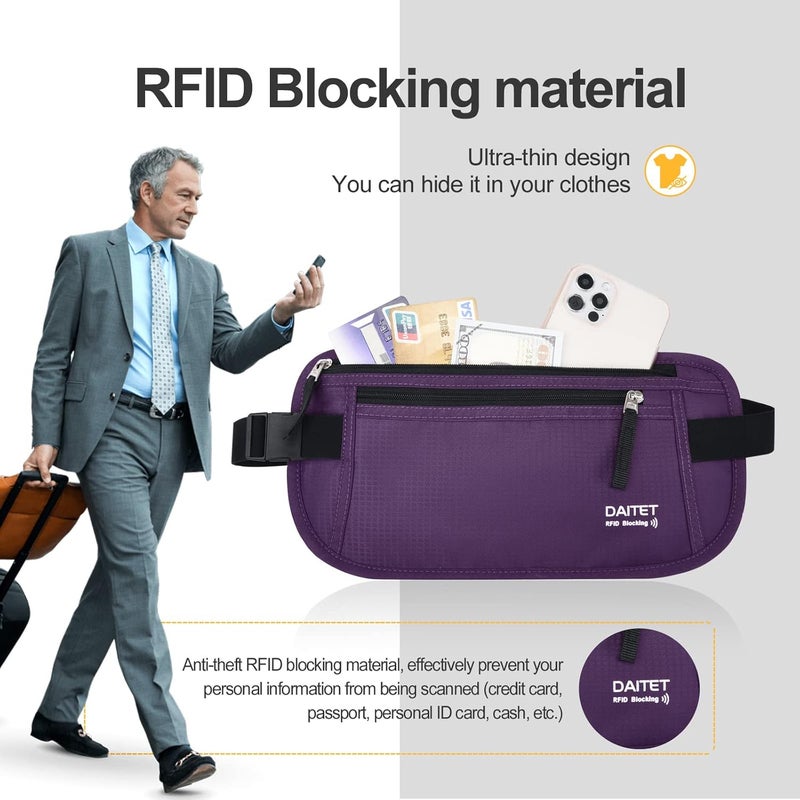 DAITET حزام النقود - حامل جواز السفر، محفظة سفر مخفية آمنة مع حجب RFID، حزام خفي للخصر - Image 3