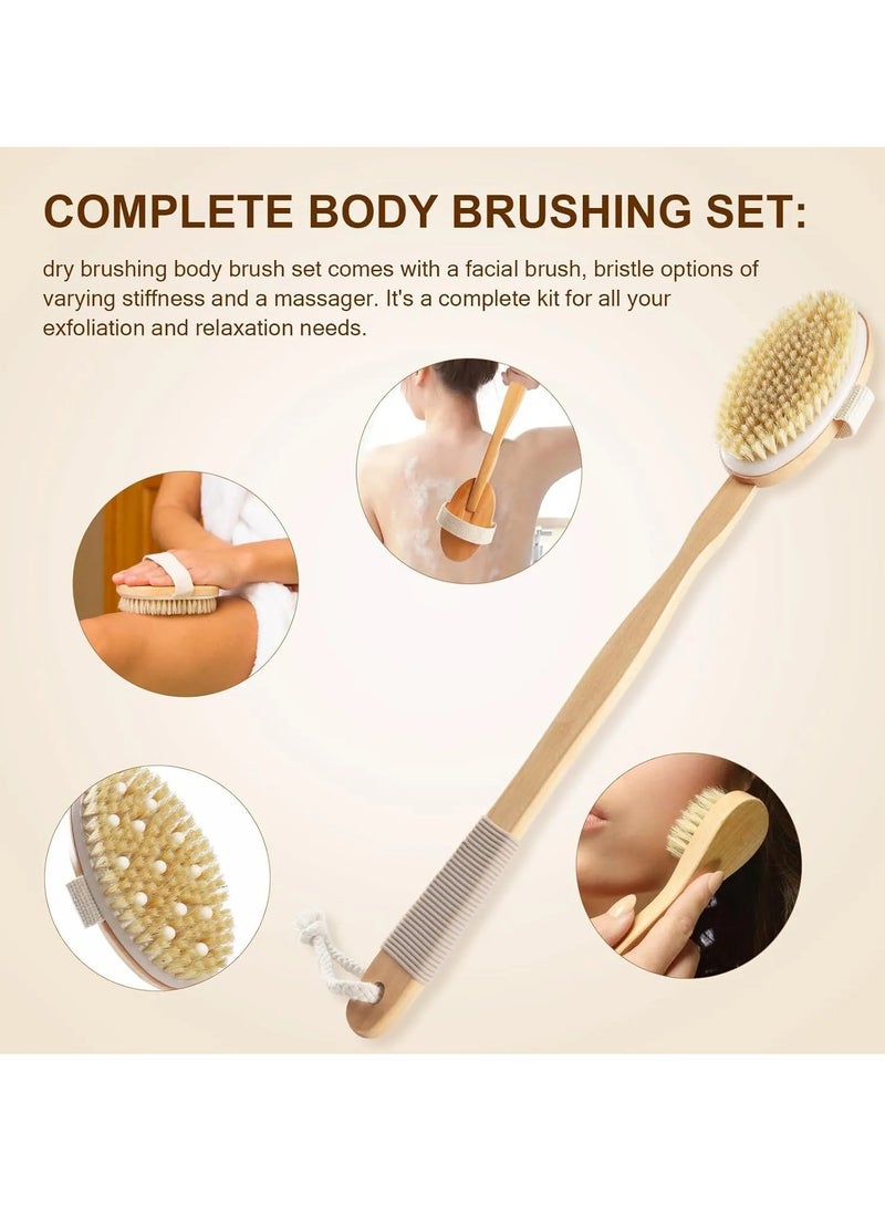أونليماي فقط مجموعة فرشاة الجسم الجافة بمقبض خشبي طويل مع 3 رؤوس قابلة للفصل، فرشاة للوجه، مقشر للجسم بشعيرات تقشير لتصريف الجهاز اللمفاوي والسيلوليت، مقشر للظهر للاستحمام - Image 4