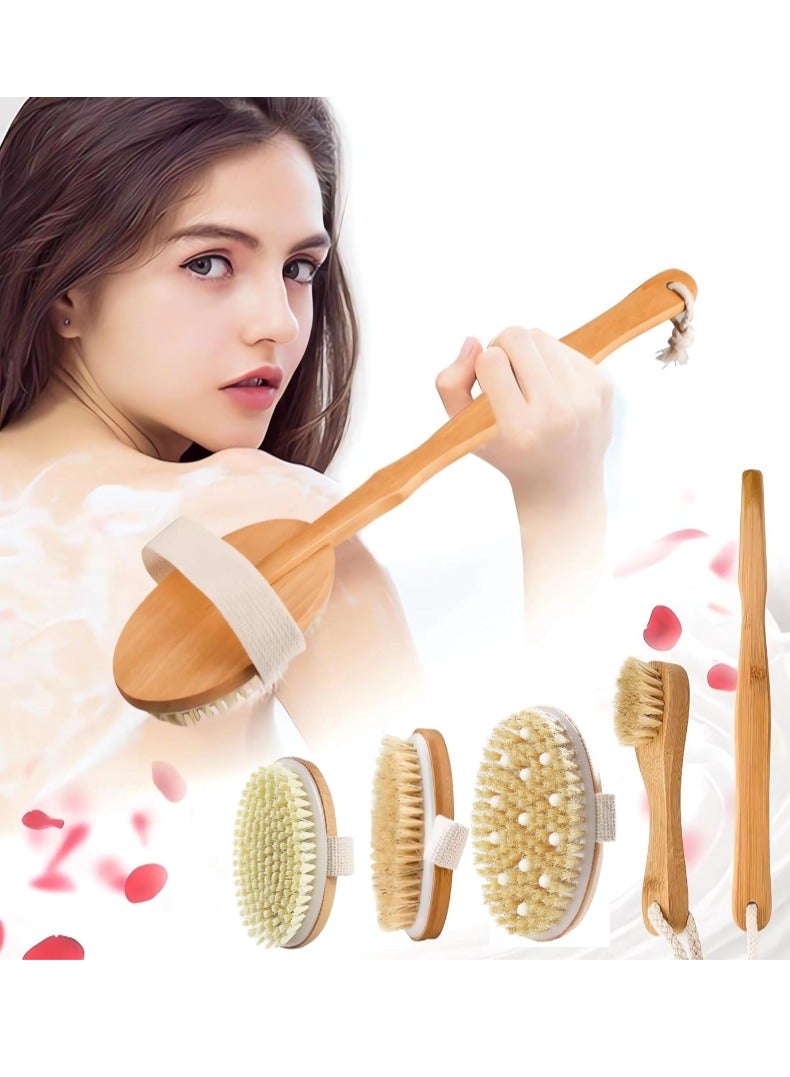 أونليماي فقط مجموعة فرشاة الجسم الجافة بمقبض خشبي طويل مع 3 رؤوس قابلة للفصل، فرشاة للوجه، مقشر للجسم بشعيرات تقشير لتصريف الجهاز اللمفاوي والسيلوليت، مقشر للظهر للاستحمام - Image 1