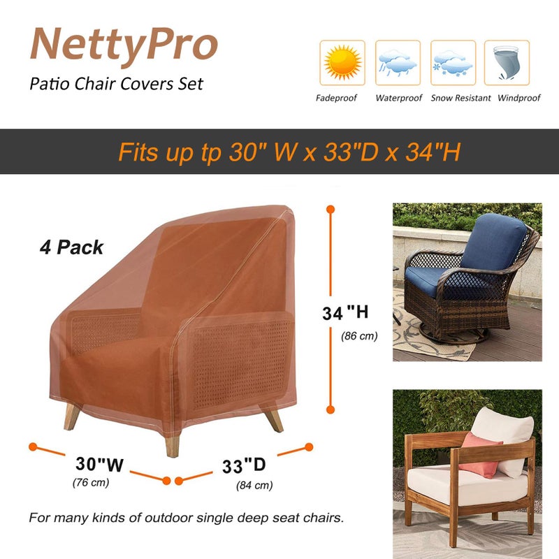 NettyPro Patio Chair Covers for Outdoor Furniture 4 Pack, Waterproof Heavy Duty Lawn Patio Furniture Cover Deep Seat Dining Chair Covers High Back, 30W x 33D x 34H inches, Brown - Image 4