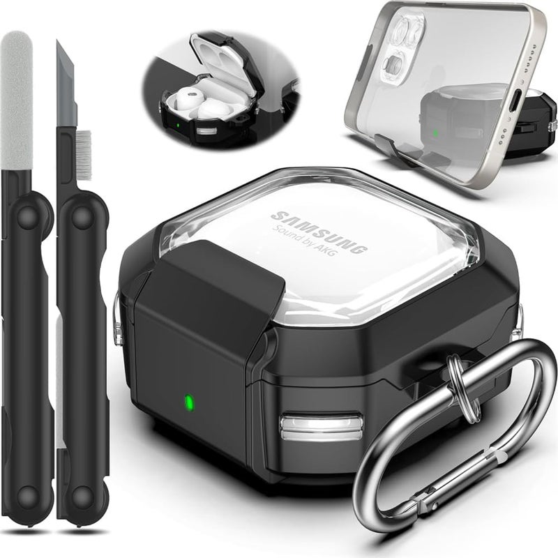 Headphones Protective Case, Clear Protective Case with Stand and Lock Design for Samsung Budslive/Buds2/Budspro/Buds2pro/Buds FE, Black, with Bluetooth Earbudscleaning Pen - Image 1