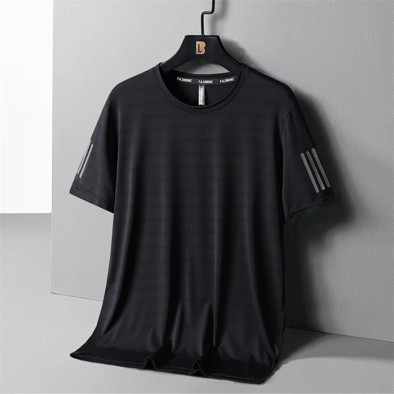 T-Shirt Men'S Summer Loose Plus Size Short Sleeve Ice Silk Three Bars Bottoming Shirt Round Neck Half Sleeve Thin Quick-Drying T-Shirt Fashion - Image 1