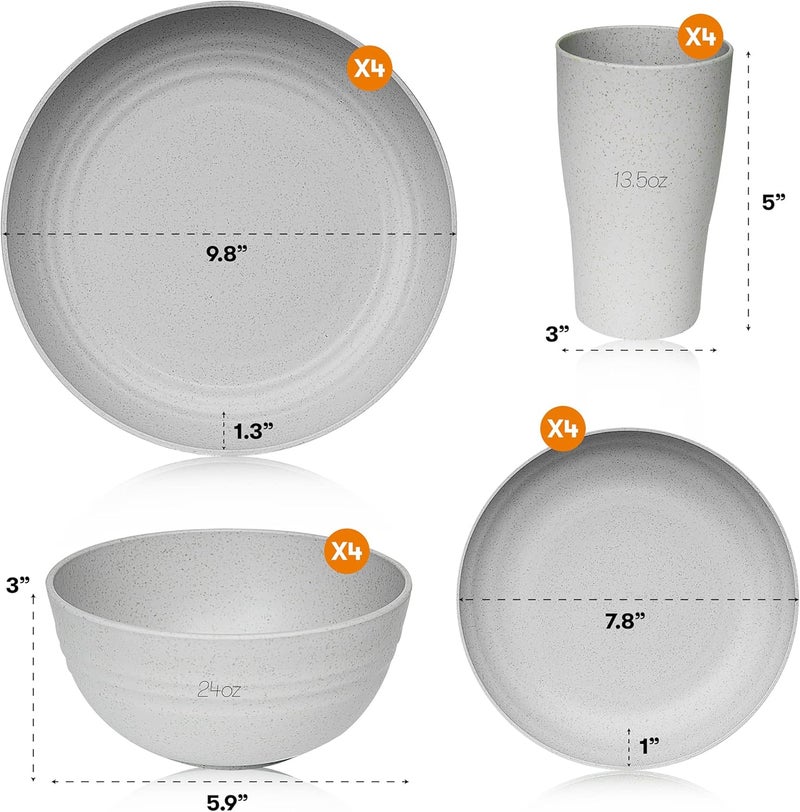 SWEVEN Wheat Straw Dinnerware Sets | Unbreakable Dinnerware Sets | Dishwasher Microwave Safe Dinnerware | Eco Friendly Non Breakable Dinnerware Sets | RV Outdoor Camping (Grey, Service for 4 (16 pcs)) - Image 2