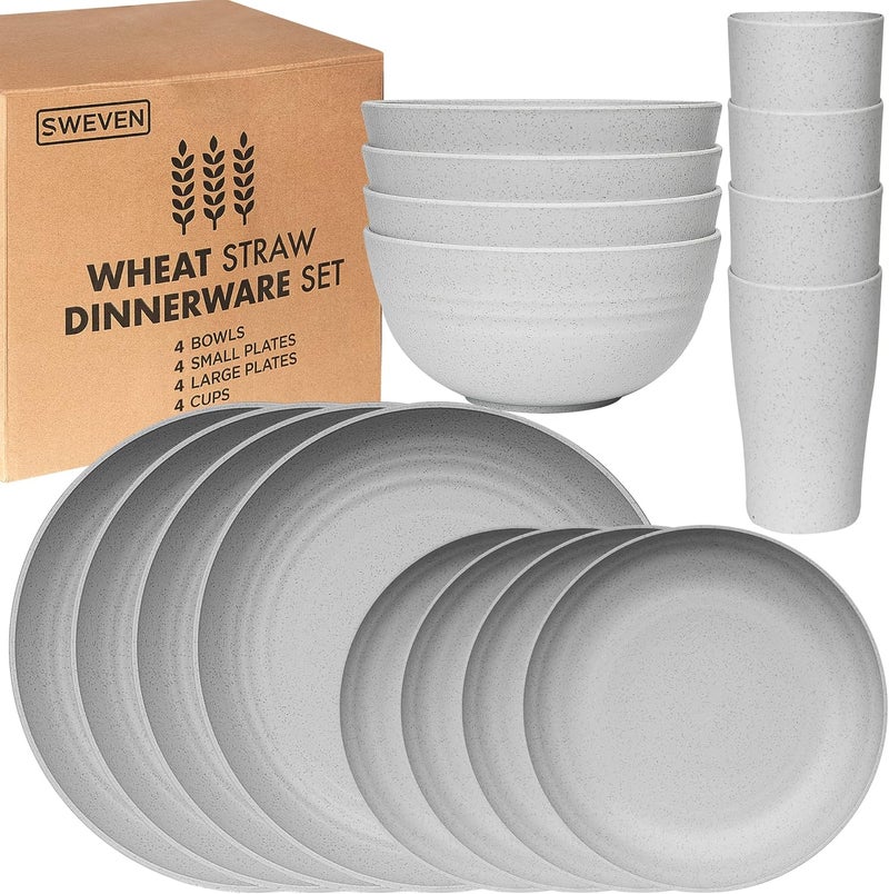 SWEVEN Wheat Straw Dinnerware Sets | Unbreakable Dinnerware Sets | Dishwasher Microwave Safe Dinnerware | Eco Friendly Non Breakable Dinnerware Sets | RV Outdoor Camping (Grey, Service for 4 (16 pcs)) - Image 1