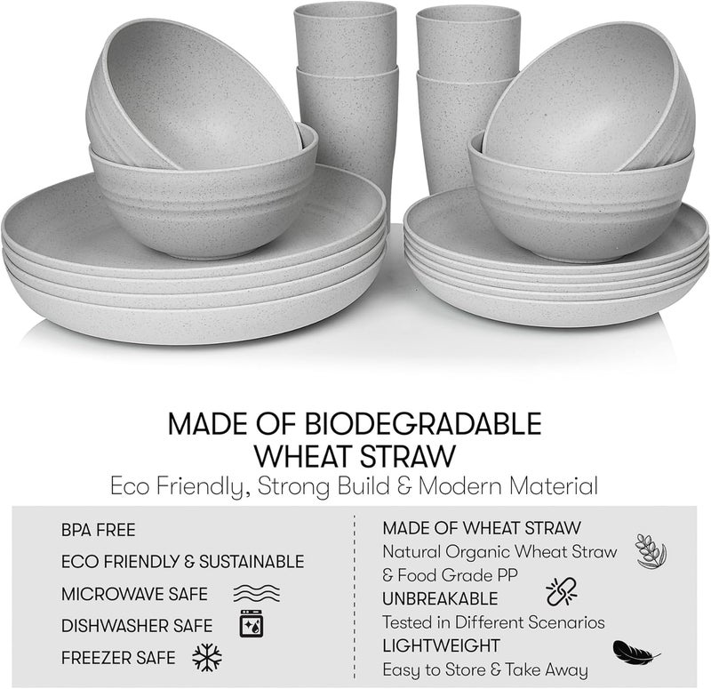 SWEVEN Wheat Straw Dinnerware Sets | Unbreakable Dinnerware Sets | Dishwasher Microwave Safe Dinnerware | Eco Friendly Non Breakable Dinnerware Sets | RV Outdoor Camping (Grey, Service for 4 (16 pcs)) - Image 3