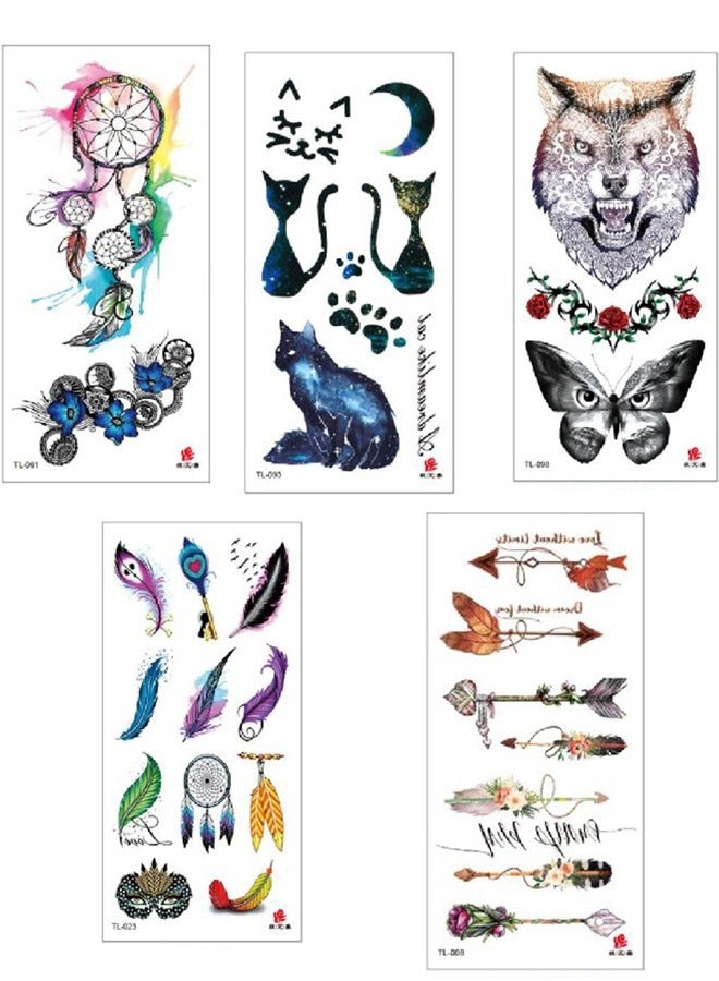 5 Pieces Fashionable waterproof temporary tattoo sticker wolf cat feather design - Image 1