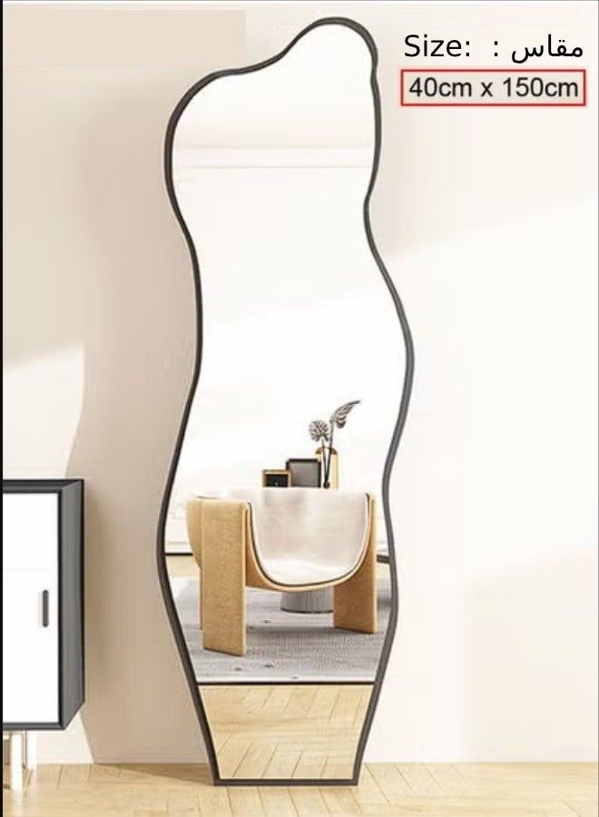 فاشون هوم مرآة فاخرة غير منتظمة الشكل على شكل غيوم غير متماثلة، مرآة ذات شكل فريد، مرآة كبيرة غير منتظمة مزخرفة للأرضية، مرآة كاملة الطول، سوداء اللون، 150×40 سم - Image 5