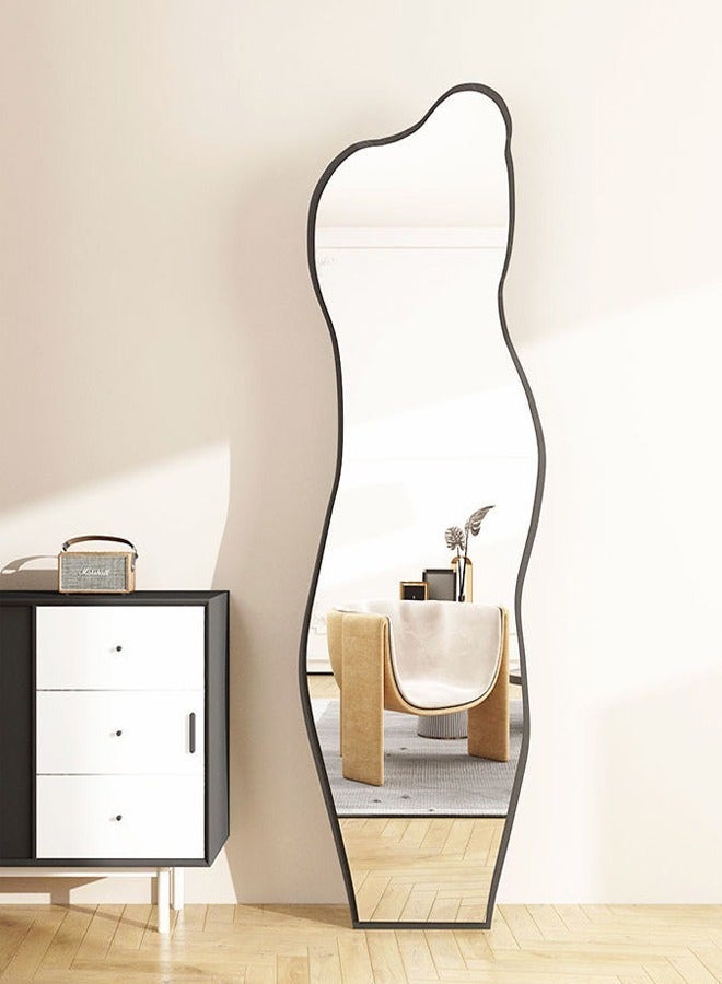 فاشون هوم مرآة فاخرة غير منتظمة الشكل على شكل غيوم غير متماثلة، مرآة ذات شكل فريد، مرآة كبيرة غير منتظمة مزخرفة للأرضية، مرآة كاملة الطول، سوداء اللون، 150×40 سم - Image 1