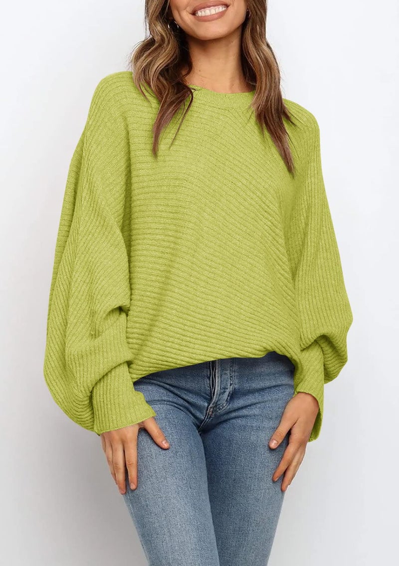 Mafulus Women's Oversized Crewneck Sweater Batwing Puff Long Sleeve Cable Slouchy Pullover Jumper Tops - Image 2